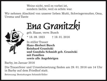 Traueranzeige von Ena Granitzki (geb. Haase, verw. Busch)  von Magdeburger Volksstimme