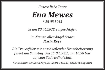 Traueranzeige von Ena Mewes  von Magdeburger Volksstimme