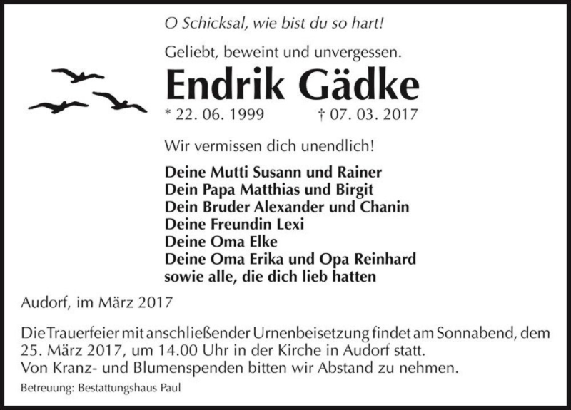  Traueranzeige für Endrik Gädke  vom 17.03.2017 aus Magdeburger Volksstimme