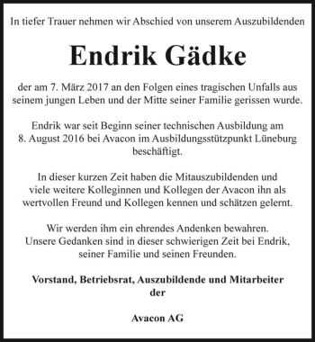 Traueranzeige von Endrik Gädke  von Magdeburger Volksstimme