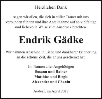 Traueranzeige von Endrik Gädke  von Magdeburger Volksstimme