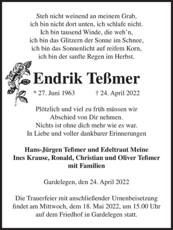 Traueranzeige von Endrik Teßmer  von Magdeburger Volksstimme
