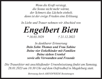 Traueranzeige von Engelbert Bien  von Magdeburger Volksstimme