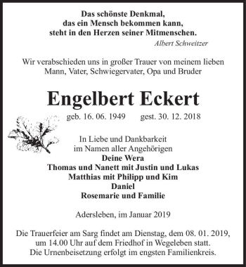 Traueranzeige von Engelbert Eckert  von Magdeburger Volksstimme