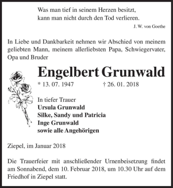 Traueranzeige von Engelbert Grunwald  von Magdeburger Volksstimme
