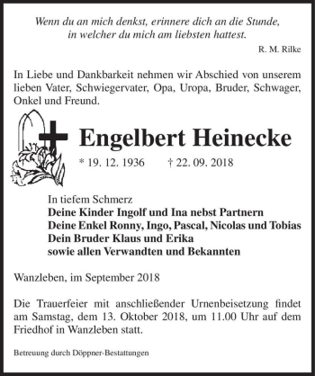 Traueranzeige von Engelbert Heinecke  von Magdeburger Volksstimme