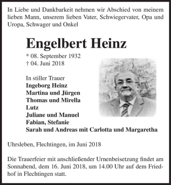Traueranzeige von Engelbert Heinz  von Magdeburger Volksstimme