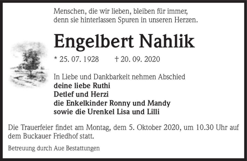  Traueranzeige für Engelbert Nahlik  vom 02.10.2020 aus Magdeburger Volksstimme