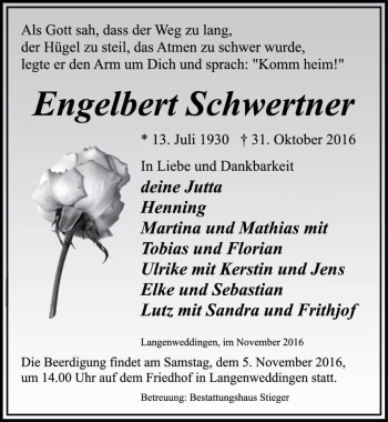 Traueranzeige von Engelbert Schwertner  von Magdeburger Volksstimme