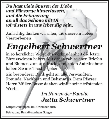 Traueranzeige von Engelbert Schwertner  von Magdeburger Volksstimme