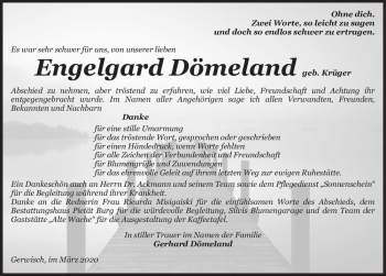 Traueranzeige von Engelgard Dömeland (geb. Krüger)  von Magdeburger Volksstimme