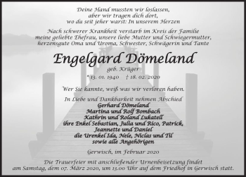 Traueranzeige von Engelgard Dömeland (geb. Krüger)  von Magdeburger Volksstimme