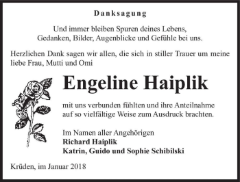 Traueranzeige von Engeline Haiplik  von Magdeburger Volksstimme