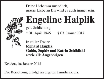 Traueranzeige von Engeline Haiplik (geb. Schlichting)  von Magdeburger Volksstimme