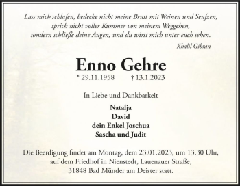 Traueranzeige von Enno Gehre  von Magdeburger Volksstimme