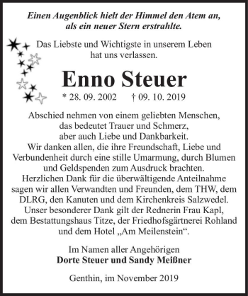 Traueranzeige von Enno Steuer  von Magdeburger Volksstimme