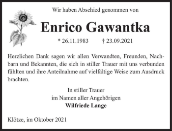 Traueranzeige von Enrico Gawantka  von Magdeburger Volksstimme