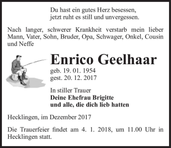 Traueranzeige von Enrico Geelhaar  von Magdeburger Volksstimme