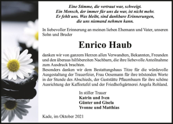 Traueranzeige von Enrico Haub  von Magdeburger Volksstimme
