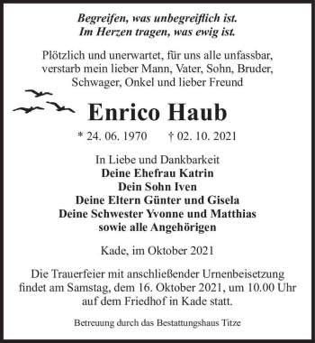 Traueranzeige von Enrico Haub  von Magdeburger Volksstimme