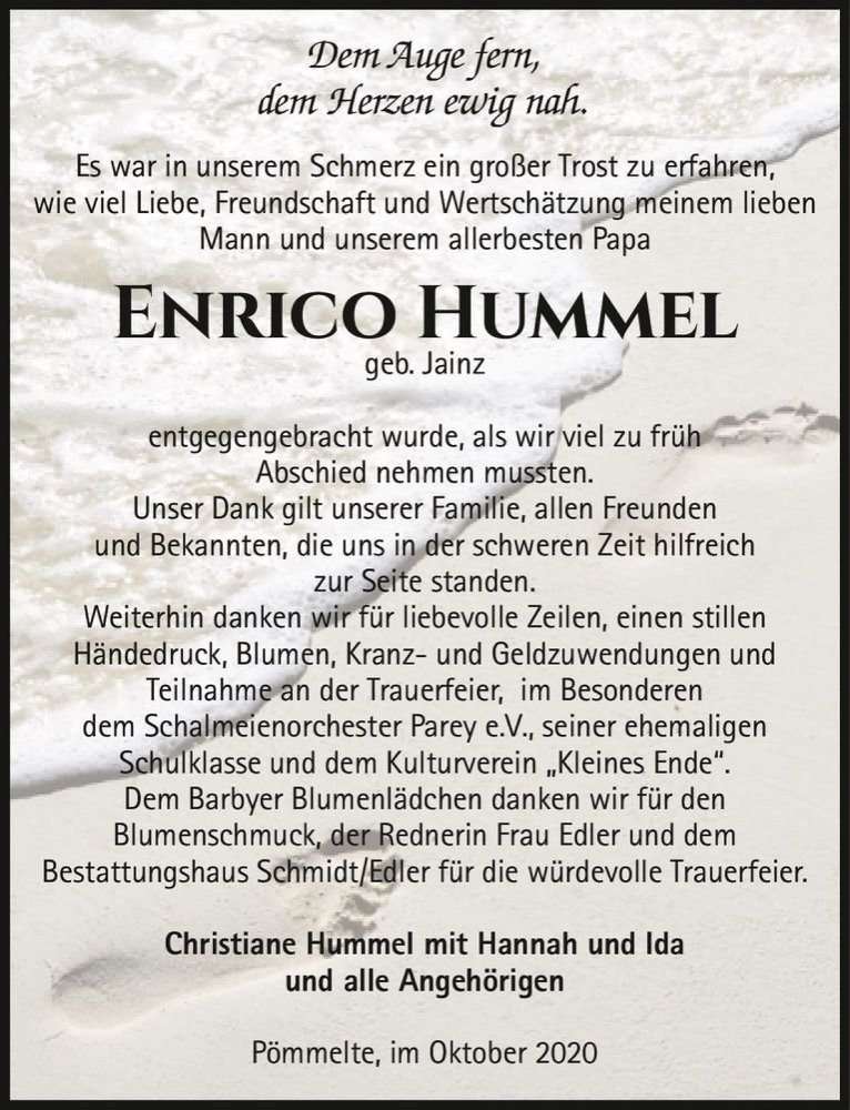  Traueranzeige für Enrico Hummel (geb. Jainz)  vom 10.10.2020 aus Magdeburger Volksstimme