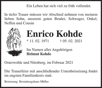Traueranzeige von Enrico Kohde  von Magdeburger Volksstimme
