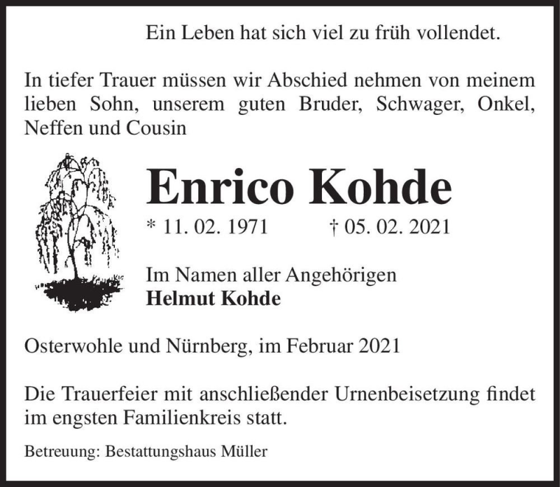  Traueranzeige für Enrico Kohde  vom 09.02.2021 aus Magdeburger Volksstimme