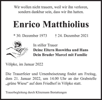Traueranzeige von Enrico Matthiolius  von Magdeburger Volksstimme