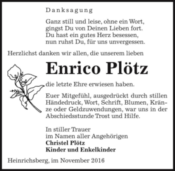 Traueranzeige von Enrico Plötz  von Magdeburger Volksstimme