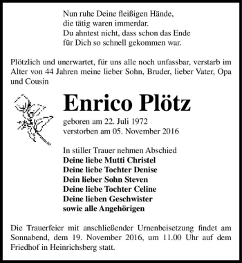 Traueranzeige von Enrico Plötz  von Magdeburger Volksstimme