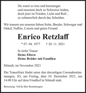 Traueranzeige von Enrico Retzlaff  von Magdeburger Volksstimme