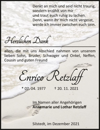 Traueranzeige von Enrico Retzlaff  von Magdeburger Volksstimme