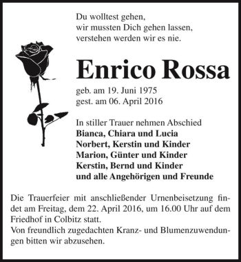 Traueranzeige von Enrico Rossa  von Magdeburger Volksstimme