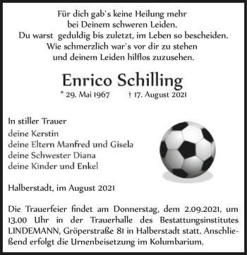 Traueranzeige von Enrico Schilling  von Magdeburger Volksstimme