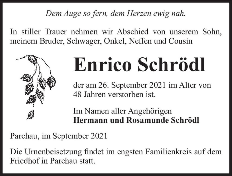  Traueranzeige für Enrico Schrödl  vom 02.10.2021 aus Magdeburger Volksstimme