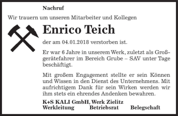 Traueranzeige von Enrico Teich  von Magdeburger Volksstimme