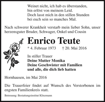 Traueranzeige von Enrico Teute  von Magdeburger Volksstimme