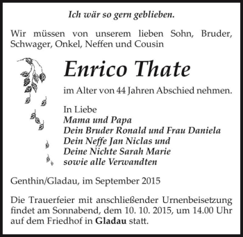 Traueranzeige von Enrico Thate  von Magdeburger Volksstimme