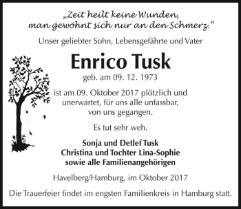 Traueranzeige von Enrico Tusk  von Magdeburger Volksstimme