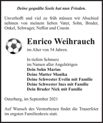 Traueranzeige von Enrico Weihrauch  von Magdeburger Volksstimme