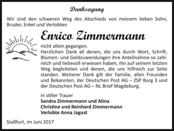 Traueranzeige von Enrico Zimmermann  von Magdeburger Volksstimme