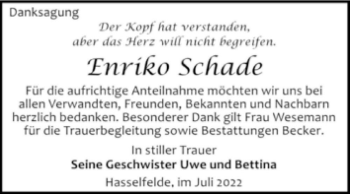 Traueranzeige von Enriko Schade  von Magdeburger Volksstimme
