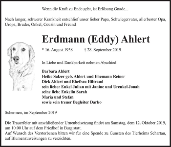 Traueranzeige von Erdmann (Eddy) Ahlert  von Magdeburger Volksstimme