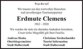 Traueranzeige von Erdmute Clemens  von Magdeburger Volksstimme