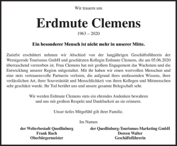 Traueranzeige von Erdmute Clemens  von Magdeburger Volksstimme