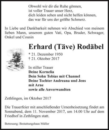 Traueranzeige von Erhard (Täve) Rodäbel  von Magdeburger Volksstimme