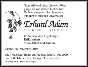 Traueranzeige von Erhard Adam  von Magdeburger Volksstimme