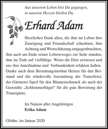 Traueranzeige von Erhard Adam  von Magdeburger Volksstimme