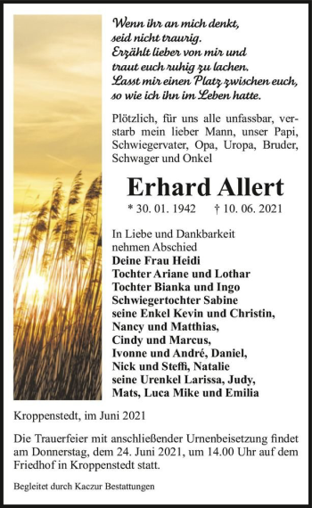 Traueranzeige von Erhard Allert  von Magdeburger Volksstimme