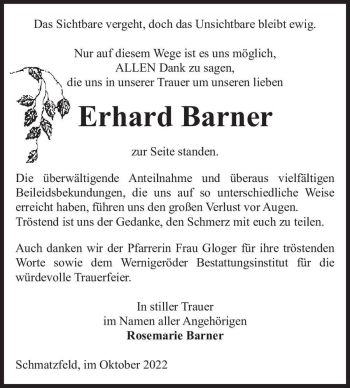Traueranzeige von Erhard Barner  von Magdeburger Volksstimme
